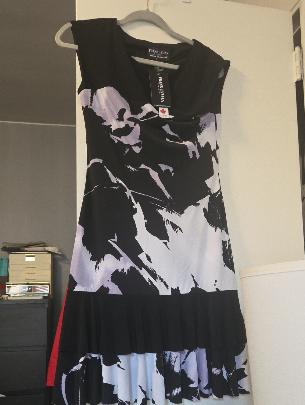 Frank Lyman Design Black and Lavender Abstract Midi Dress